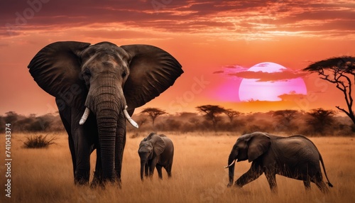 elephant, animal, savanna, sunset, mammal, nature, outdoor, landscape, wild, national, wildlife, safari, park, travel, wilderness, sky, herd, big, grass, large, sunlight, family