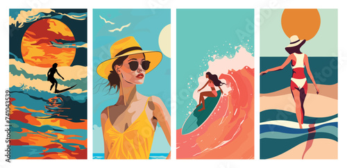 Vibrant summer beach scenes vector poster set with surfing and sunbathing illustrations