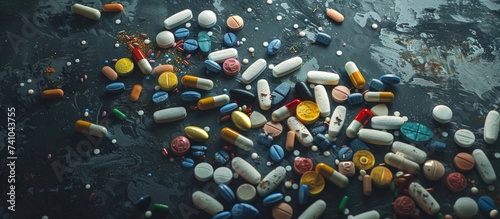 Many medicine capsules,pills, and tablets on a floor. Generated AI image