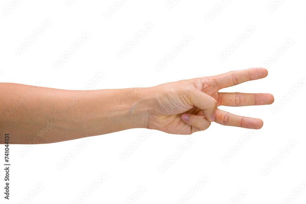 Man hand showing three fingers isolated on white background with clipping path. Man hand showing three fingers isolated on white background with clipping path.