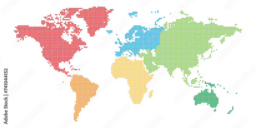 Dotted map of World with different color of each continent. Halftone design. Simple flat vector illustration.