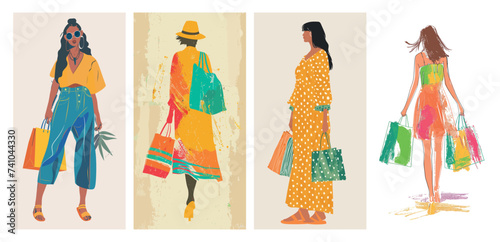 Fashionable women illustration set, stylish shopping and outfits vector