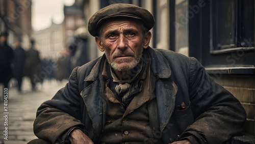 Alter arbeitsloser Mann auf der Straße einer Stadt um 1900