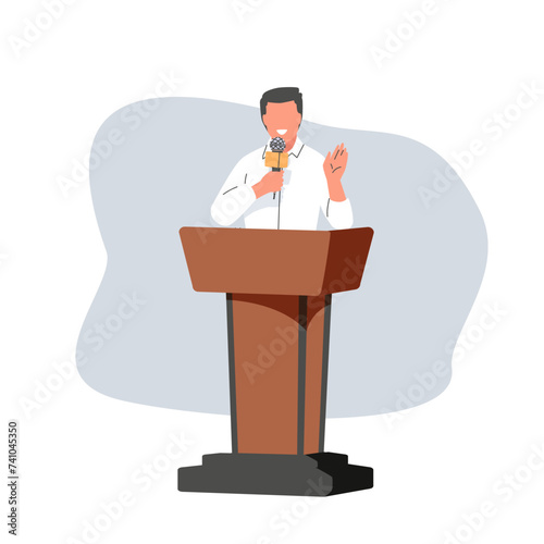 Man speaker speaking from podium with microphone. Male leader with glasses and black formal suit presenting confident