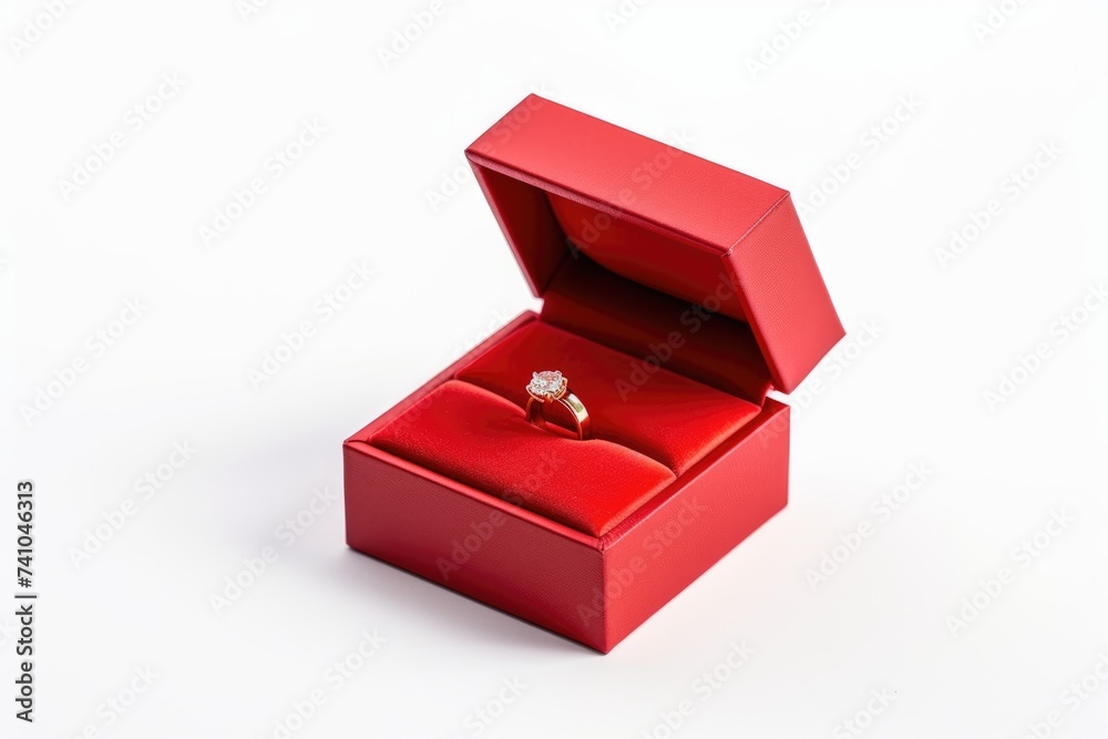 Elegant Ring in Red Jewelry Box. An exquisite ring showcased in an open red faux leather box, isolated on a white background. Elegant Ring in Red Jewelry Box. An exquisite ring showcased in an open red faux leather box, isolated on a white background.