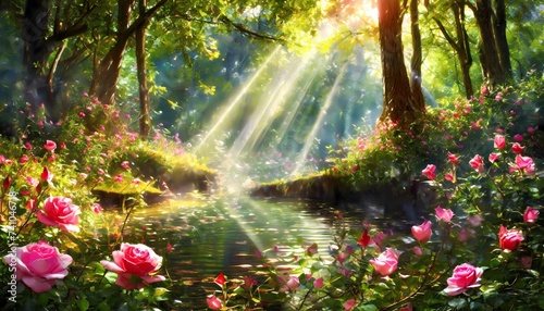 enchanting forest scenes where rays of sunlight majestically filter through the foliage, casting a magical glow upon the surroundings photo