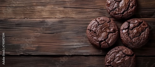 Four scrumptious chocolate brownies rest on a rustic hardwood table, showcasing a perfect blend of rich cocoa, flour, sugar, and eggs a staple dessert in many cuisines