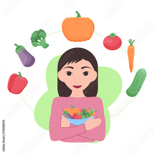 person eats fresh vegetables and fruits. vegan food. Flat vector illustration. healthy vegetarian diet.