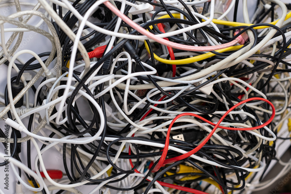 A pile of various used tech peripheral cables, connectors, and plugs, including universal standards for computers, audio and video cables, e-waste concept.