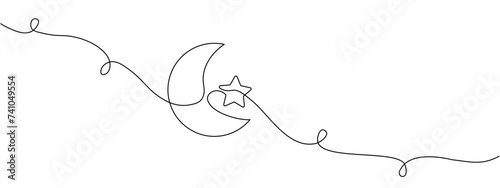 Line drawing of moon with star. Muslim symbol in style of continuous editable linear drawing.Vector illustration photo