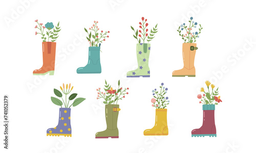 Hello spring. Cute rain boots set with flowers plants. Hand drawn spring print, card, poster ,flat style on white background for your design.