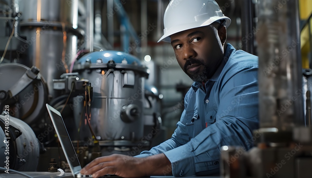 African American engineer working from his computer in the factory