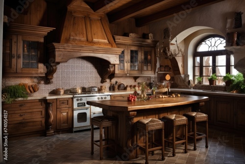 Traditional rustic kitchen with wooden cabinetry, marble countertops, and natural lighting through a large window..
