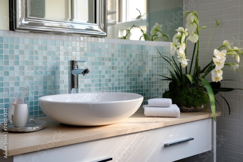 Sunlit bathroom decorated with blue mosaic tiles  featuring a bathtub  fresh potted plants  and a mirror reflecting the natural light..