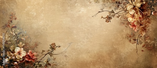 An artistic representation of flowers blooming on a brown background, capturing the beauty of natural landscape with delicate petals and green foliage