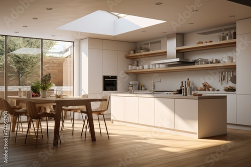 Modern kitchen bathed in natural light, featuring a stylish wooden dining set and elegant pendant lights..