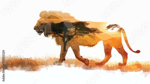 Lion and the African savanna double exposure photo photo