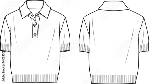 Women's Polo Neck Crop Jumper. Technical fashion illustration. Front and back, white color. Unisex CAD mock-up.