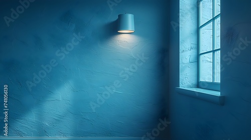 Abstract geometric background with blue monochrome light fixture  window on the right  3d illustration