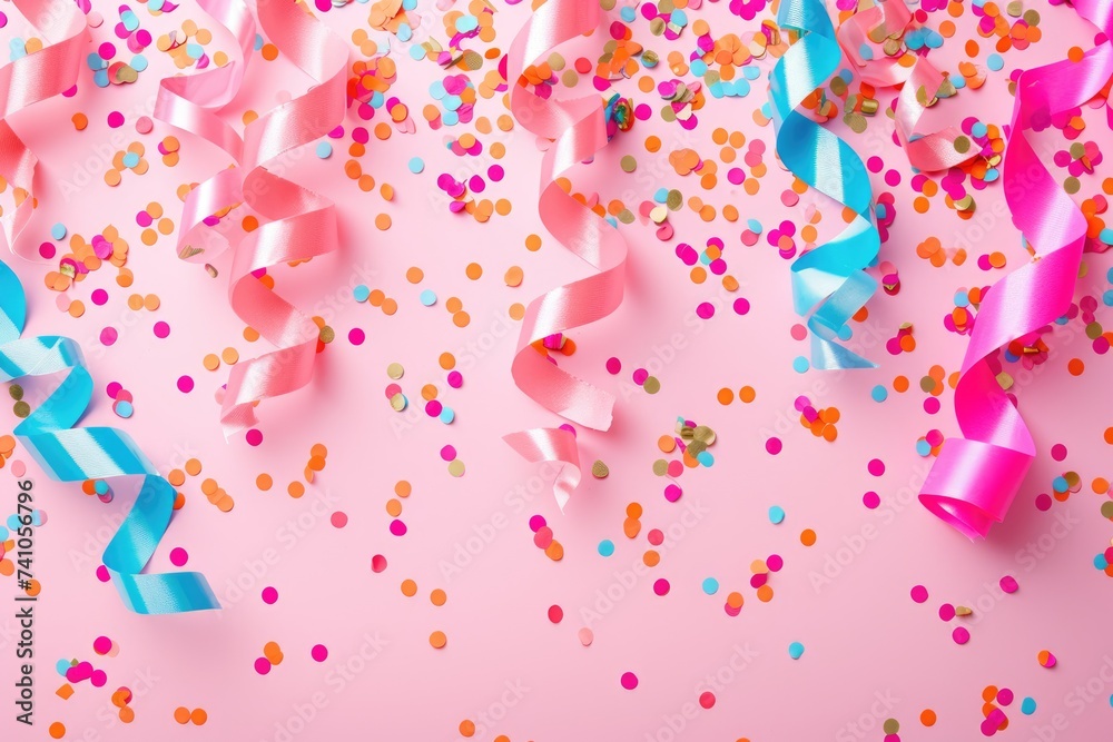 Celebration scene with cascading pink ribbons and a scattering of multicolored confetti on a soft pink surface, perfect for festive occasions