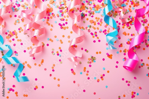Celebration scene with cascading pink ribbons and a scattering of multicolored confetti on a soft pink surface, perfect for festive occasions