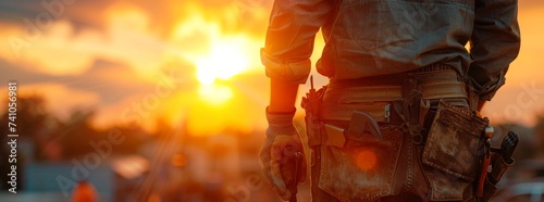 Silhouetted man with gun standing confidently in front of setting sun with hands on back