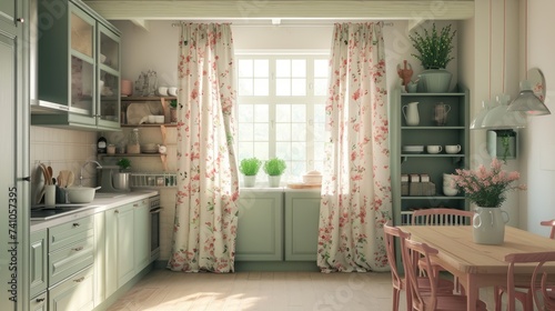 An inviting kitchen space blends classic cottage charm with modern functionality, featuring pastel cabinetry and floral curtains © Lazylizard