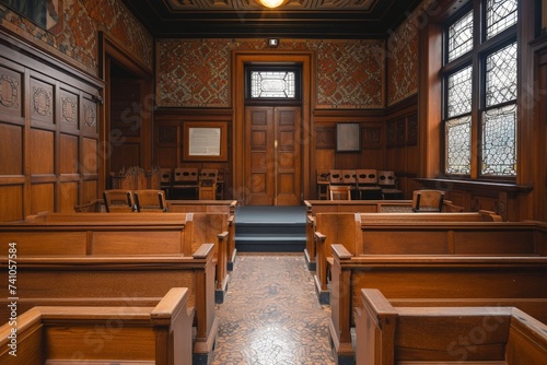 Empty courtroom with wooden pews and window in middle of room