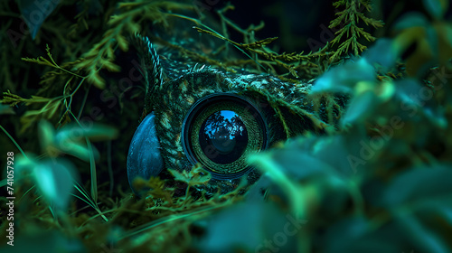green owl eye masking in the forest, generative ai