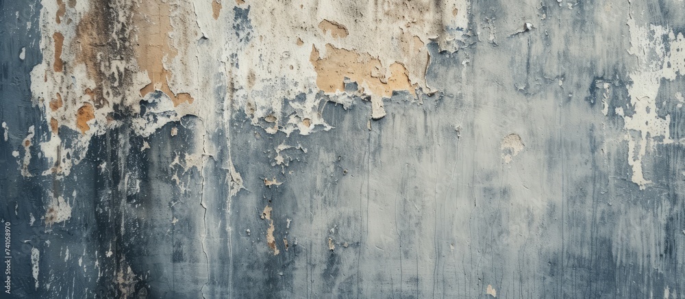 A detailed shot of a concrete wall with chipped grey paint, resembling a freezing winter landscape with hints of electric blue and natural patterns