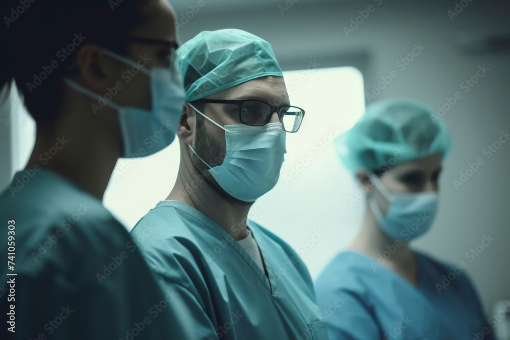 Medical team in blue protective gear performing surgery Medical team in blue protective gear performing surgery