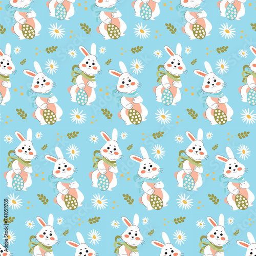 White rabbits on a blue background pattern. Lovely flat Easter seamless pattern with bunnies  doodles  flowers  easter eggs  beautiful background. For Easter cards  banner  textiles  wallpaper.