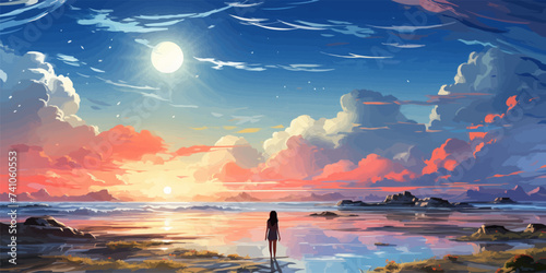 a young woman running on a white sand beach with the background of a beautiful blue sky and clouds vector flat bright colors