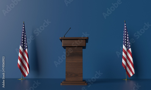 Εκτύπωση καμβά Blue gradient background wallpaper podium stage stand showcase wooden usa flag united state america country national memorial day 27 twenty seven day th may independence celebration festivel