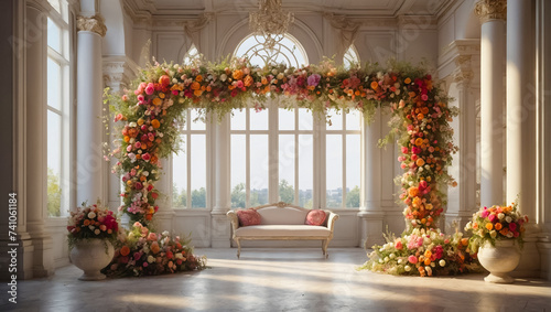 Beautiful arch with flowers in the wedding hall luxury