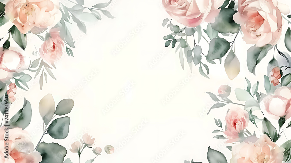 Watercolor floral illustration background. Leaf and flower frame, border for wedding stationary, Valentine day, greetings, spring poster, wallpapers, background for text