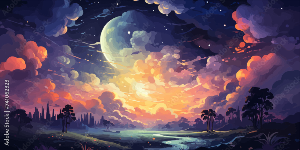 vector illustration of cumulonimbus clouds at night with a background of starry night and a big full moon vector flat bright colors