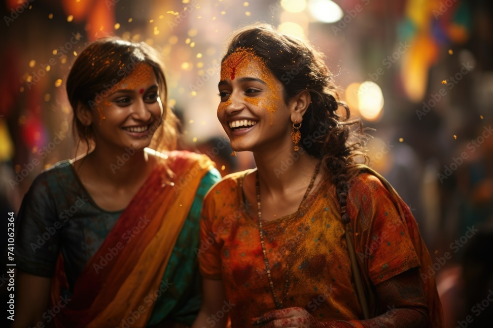 a woman in a colored sari walks through an Indian bazaar. Holi holiday a woman in a colored sari walks through an Indian bazaar. Holi holiday