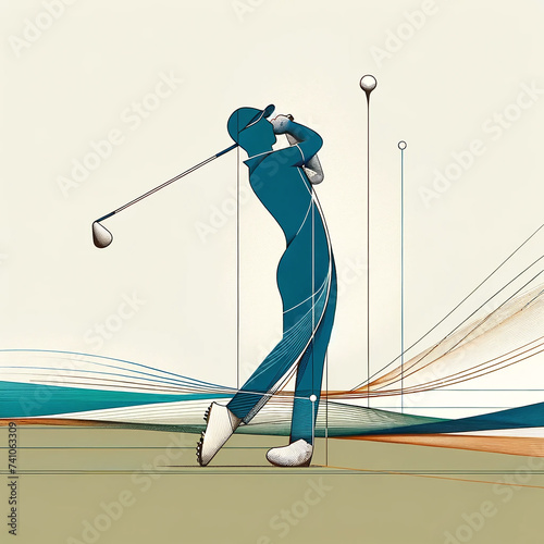 Abstract golf player with geometric shapes and swing motion.