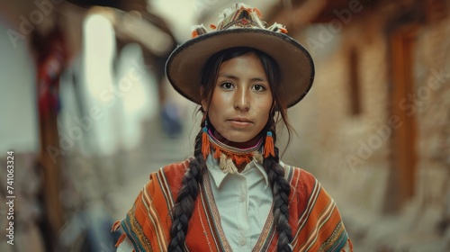 Captivating young Peruvian woman in modern attire amidst a traditional village, epitomizing the contrast of heritage and present-day. Depth blur background © Artem
