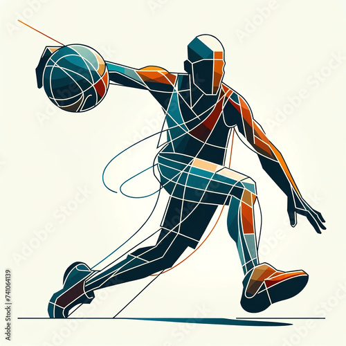Abstract basketball player captured in minimalist style, focusing on the dynamic connection between player and game with geometric shapes.