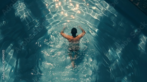 Swimmer man in water top view. Man swimming in pool aerial view