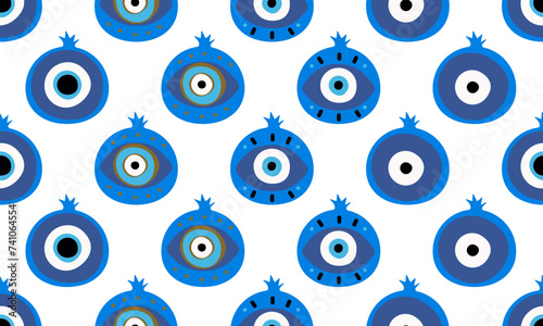 Pomegranate Turkish eye seamless pattern. Evil eye garnet seamless pattern vector illustration. Vector illustration of pomegranate fruit. Traditional protection amulet background, melting blue eyes