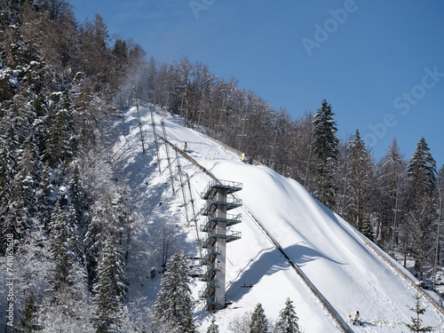 Closeup of the top of giant ski jump at Planica Ski Resort on a Sunny Winter Day