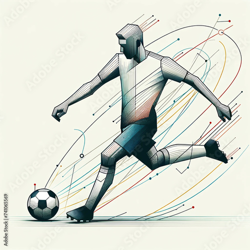 Abstract soccer player in minimalist style, depicted with geometric shapes, capturing the essence of dynamic motion, energy, and passion for the game in a clean, conceptual design.