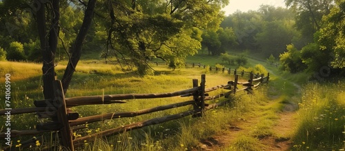 A wooden fence snakes through the grassy field  adding a rustic touch to the natural landscape