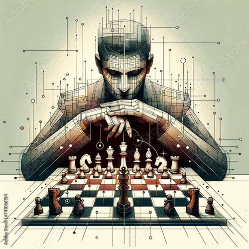 Abstract chess player in minimalist design, embodying concentration and strategy with geometric shapes, highlighting the mental engagement and foresight of the game.