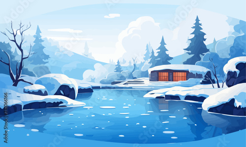 Thermal Hot Springs in Winter vector flat isolated vector style illustration