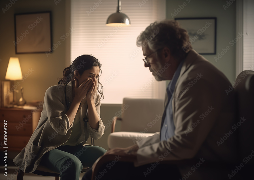 The doctor explains the results of the tests to his patient. A sad patient