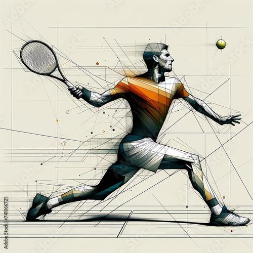 Abstract tennis player in action, depicted with geometric shapes, symbolizing agility, power, and strategy in the sport. 